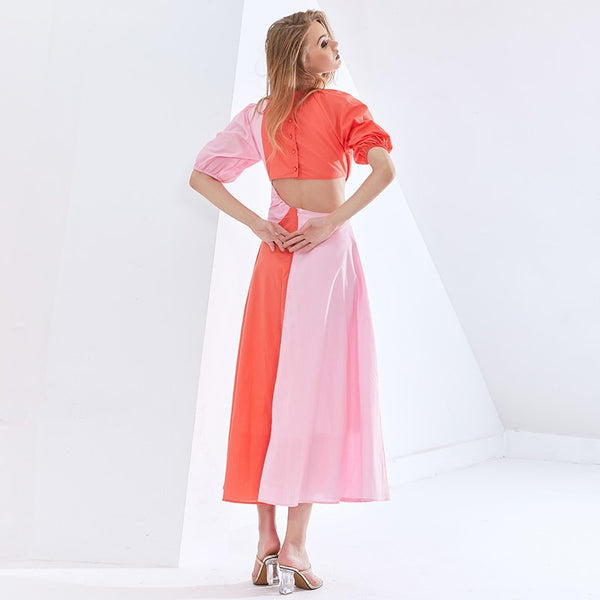 Color Block Short Sleeve Chiffon Midi Dress with Cutout Waist