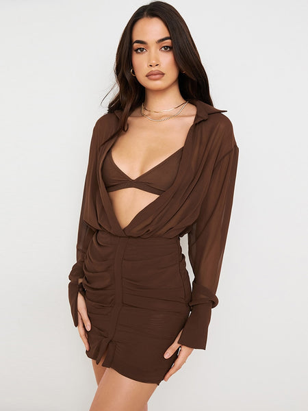 Conjunto Vestido Curto Manga Longa Drapeado Decote V Profundo Marron Praia