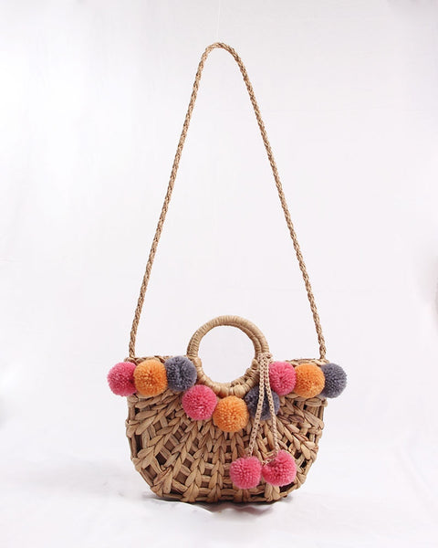 Bolsa de Mão em Palha Artesanal com Borlas de Pompom Praia