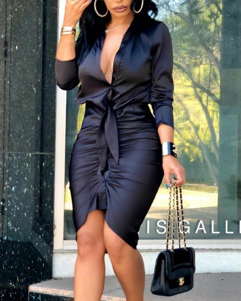 Vestido Midi Justo Drapeado Decote V Manga Longa