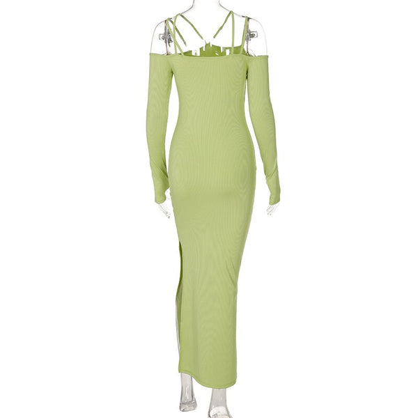 Vestido Longo Justo com Tiras e Fenda Ombro a Ombro Verde