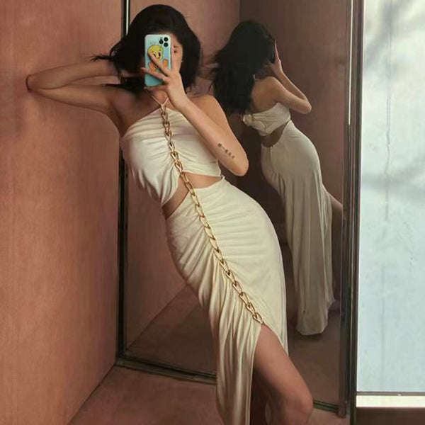 Vestido Longo Drapeado com Recorte na Cintura Frente Única