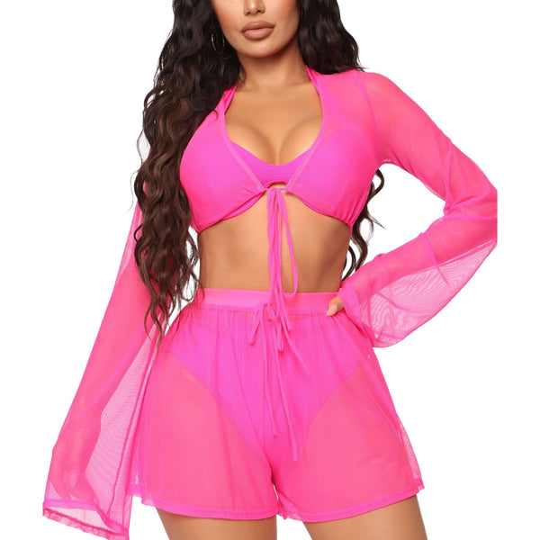 Saída de Praia em Tule 2 Peças Top e Shorts