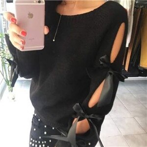 Blusa Manga Longa de Lã com laço de Cetim