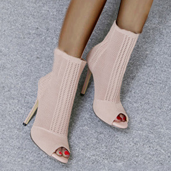 Bota Peep Toe Salto Alto Fino Cano Curto e Meia Elástica