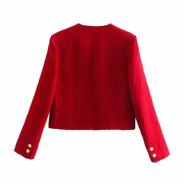 Conjunto de Lã Vermelho Blazer Curto Manga Longa e Saia Curta