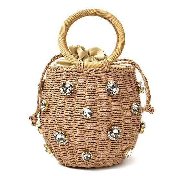 Bolsa Pequena de Mão Artesanal Cesto com Cristais Praia