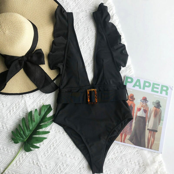 Swimsuit with Deep V-Neckline and Ruffles on the Sleeves