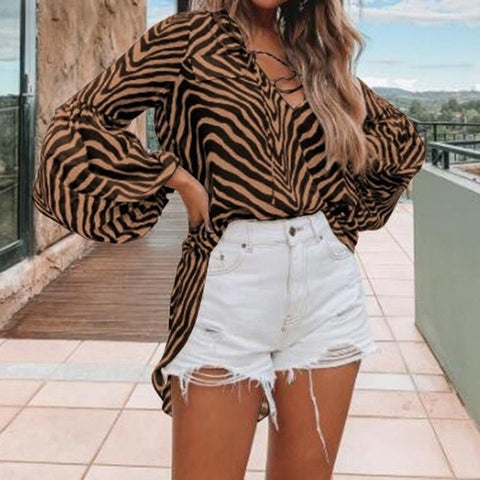 Animal Print Zebra Elongated Long Sleeve Puffed Shirt