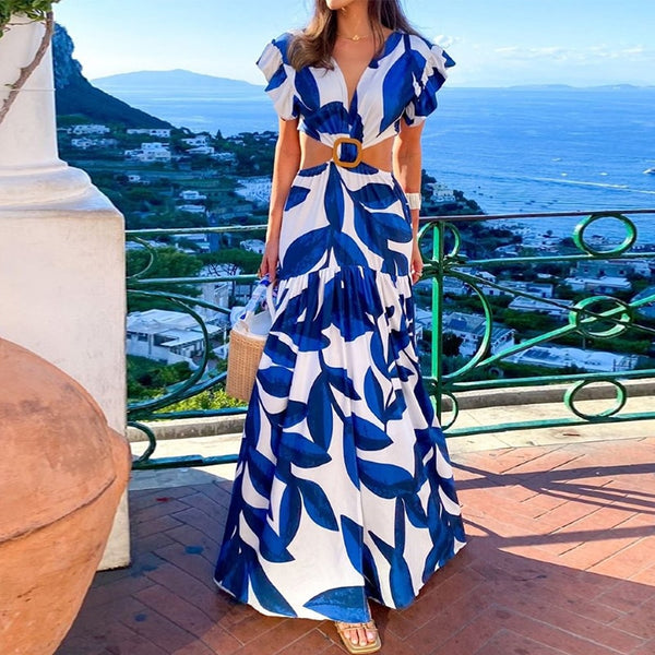 Vestido Longo Azul Estampado com Recorte na Cintura Mangas Curtas