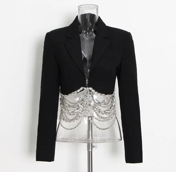 Cropped Blazer and Short Skirt Set with Crystal Chains