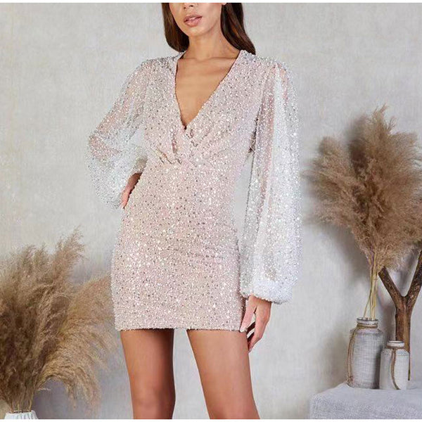 Vestido Curto de Paête Decote V Manga Longa Bufante Branco