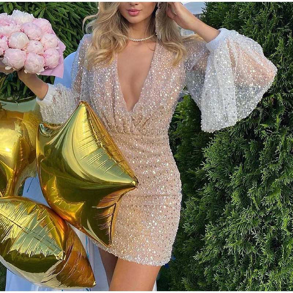 Vestido Curto de Paête Decote V Manga Longa Bufante Branco