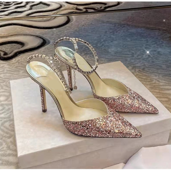High Heel Pumps with Crystal Chain and V-Neckline
