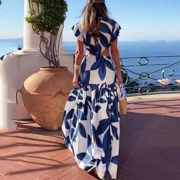 Vestido Longo Azul Estampado com Recorte na Cintura Mangas Curtas