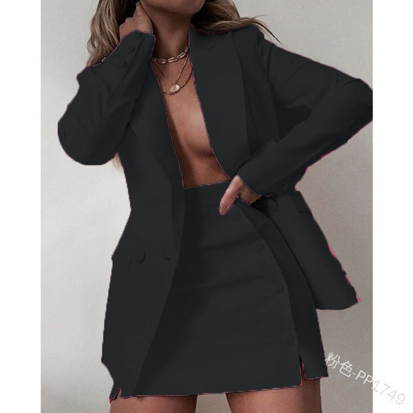 Long Blazer and Short Skirt with Buttons Set