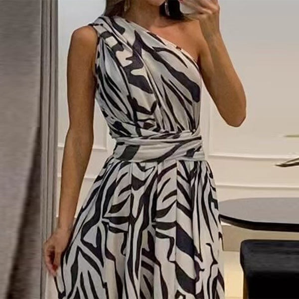 Vestido Longo Com Fenda Ombro Único Zebra