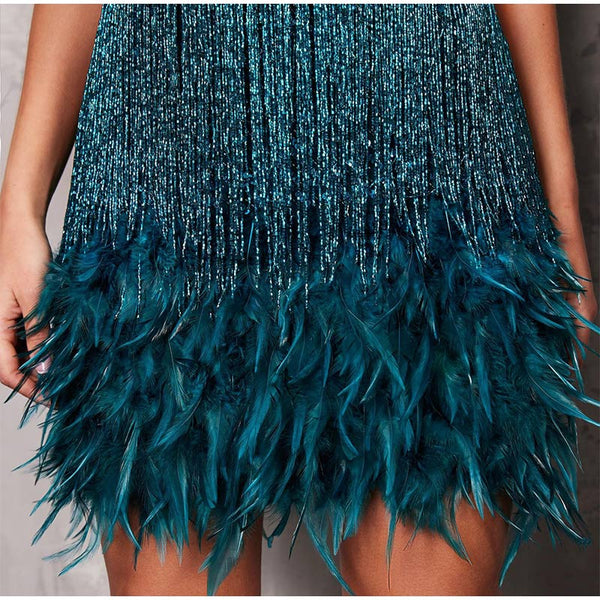 Short Strappy Dress with Sequin and Feathers on the Hem, V-Neckline Party