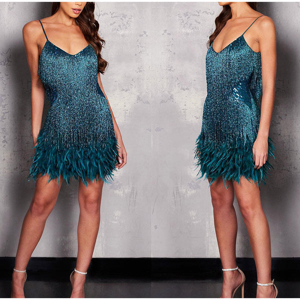 Short Strappy Dress with Sequin and Feathers on the Hem, V-Neckline Party