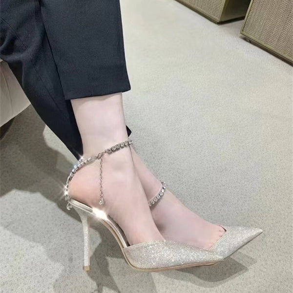 High Heel Pumps with Crystal Chain and V-Neckline