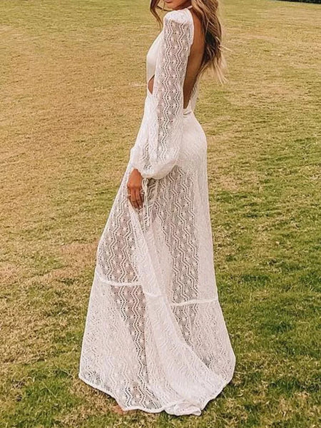 Vestido Longo Tule Manga Longa Decote V Recorte na Cintura Branco
