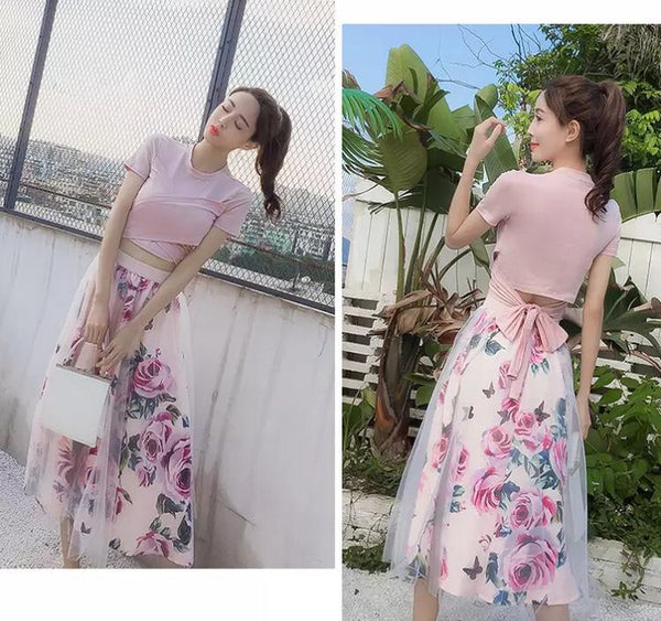 Conjunto Saia Midi Solta Floral e Blusa Manga Curta com Transpasse