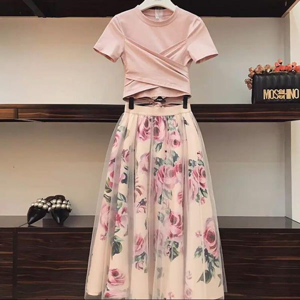 Conjunto Saia Midi Solta Floral e Blusa Manga Curta com Transpasse