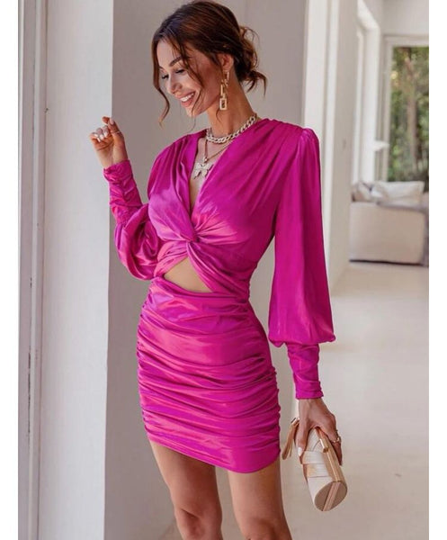 Vestido Curto Drapeado Manga Longa Bufante Recorte na Cintura