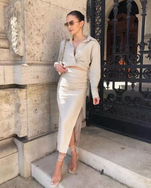 Long Sleeve Cropped Shirt and Midi Skirt with Slit Set
