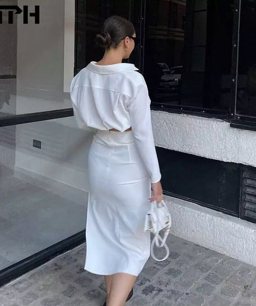 Long Sleeve Cropped Shirt and Midi Skirt with Slit Set