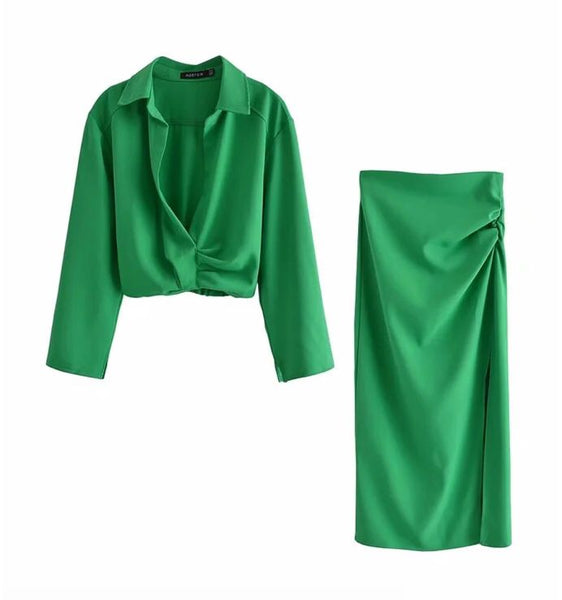 Long Sleeve Cropped Shirt and Midi Skirt with Slit Set