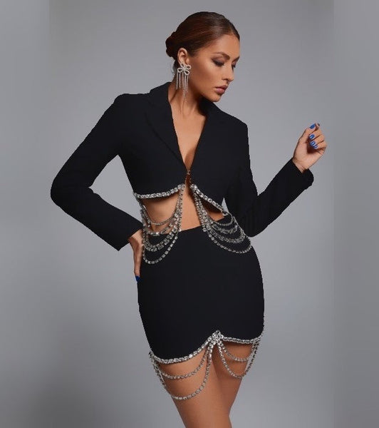 Cropped Blazer and Short Skirt Set with Crystal Chains