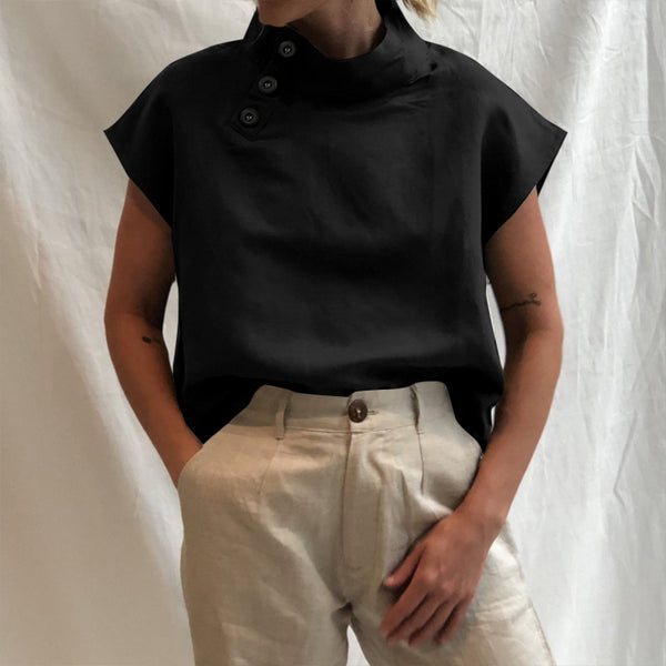 Camisa Solta com Manga Curta Gola Alta com Botões