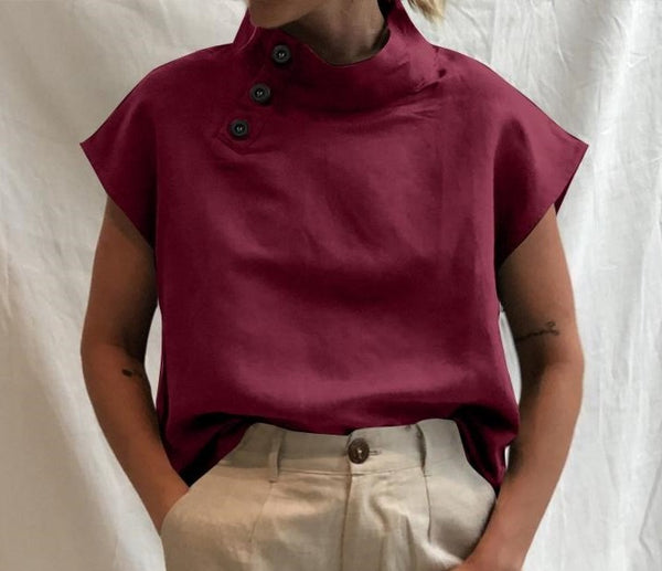 Camisa Solta com Manga Curta Gola Alta com Botões